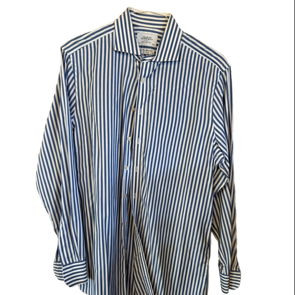Charles tyrwhitt non iron slim fit button up shirt long sleeve blue white stripe